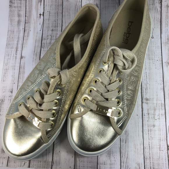 Bebe Dane Shiny Gold Lace-up Vented Sneaker Sz 7 - Picture 7 of 15